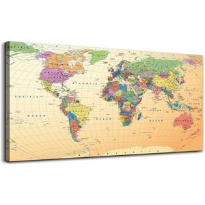 Vintage World Map - Premium Canvas Art Print - Office Wall Art Decor - Canvas Picture Stretched on Wooden Frame As Modern Gallery Large Wall Poster Maps Picture Artwork- Office Hotel Home Decoration