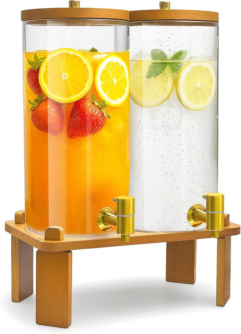2PCS Drink Dispenser, 1.5 Gallon Each Glass Beverage Dispenser with Wood Stand and Stainless Steel Faucet Ideal for Juice, Lemonade, and Tea,Large Drink Dispenser for Parties and Home Use