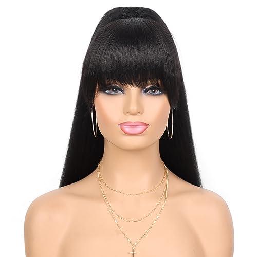 G&T Wig Yaki Drawstring Ponytail Extension with Bangs - Long Yaki Straight Clip in Ponytails Extension for Black Women Synthetic Hairpiece for Daily Party Use (1B, 24 inch)