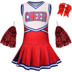 GRAJTCIN Girls Cheerleader Costume Kids Cheer Uniform Cheerleading Outfit Halloween Fancy Dress for 6-7 Years Pompoms(130, Red)