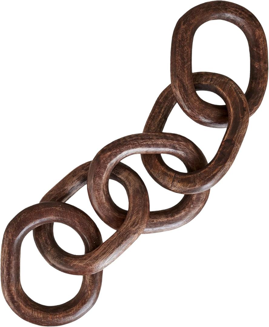 Housewarming Gifts Wood Chain Link Decor Hand Carved 5-Link Wood Knot Decorative Chain, Rustic Decorative Object Large Wooden Chain for Home Living Room Coffee Table Farmhouse 16 x 4 x 2 (Walnut)