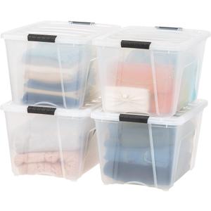 IRIS USA 54 Qt Stackable Plastic Storage Bins with Lids, 4 Pack - BPA-Free, Made in USA - See-Through Organizing Solution, Latches, Durable Nestable Containers, Secure Pull Handle - Clear (54 Qt. - 4 Pack)