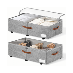 60L Large Under Bed Storage with Wheels Pack of 2, Underbed Shoe Container Bin with Clear Lid Cover, 10.5 Inches Rolling Under Bed Drawer Storage Bag Basket for Boots Quilt Sweater - Grey