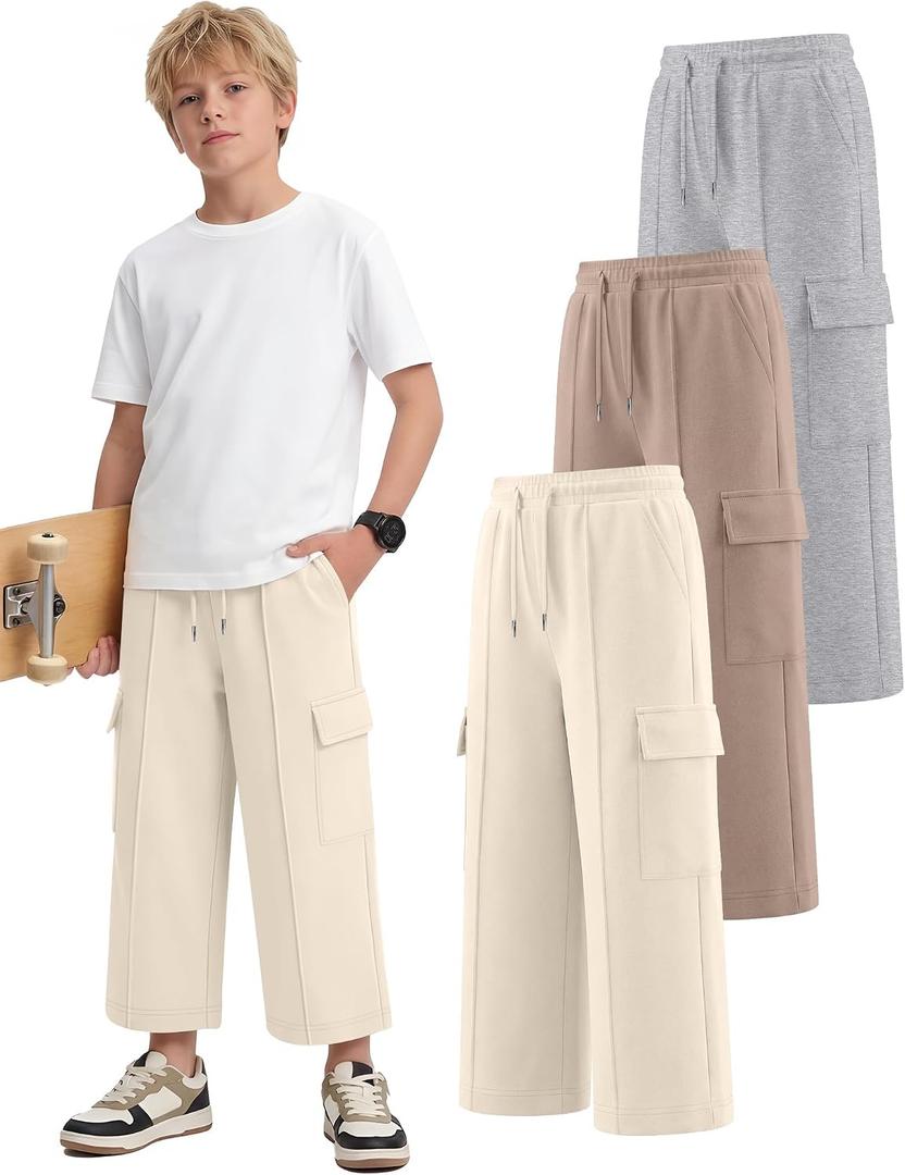 3 Pack Boys Capri Pants Drawstring Elastic Waisted Teens Cargo Joggers Pull on Casual Sweatpants with Pockets