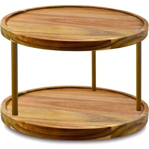 12" Two-Tier Acacia Wood Lazy Susan Organizer Kitchen Turntable for Cabinet Pantry Table Organization