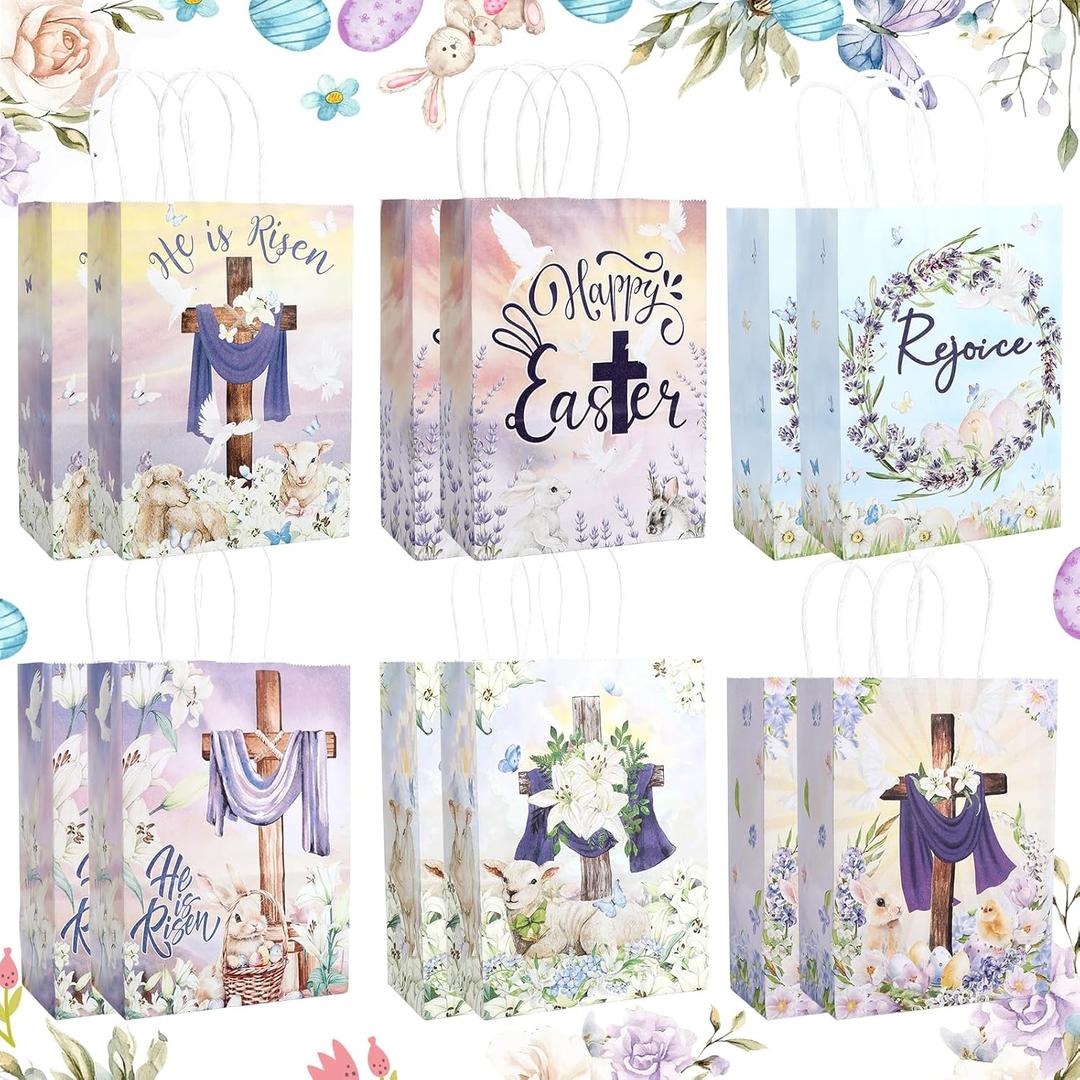 12 Pack Easter Gift Bags with Handles, 6 Unique Bunny Patterns Waterproof Reusable Goodie Tote Bags for Kids Easter Egg Hunt Party Favors, Holiday Treat Candies Cookie Chocolate Storage Bags