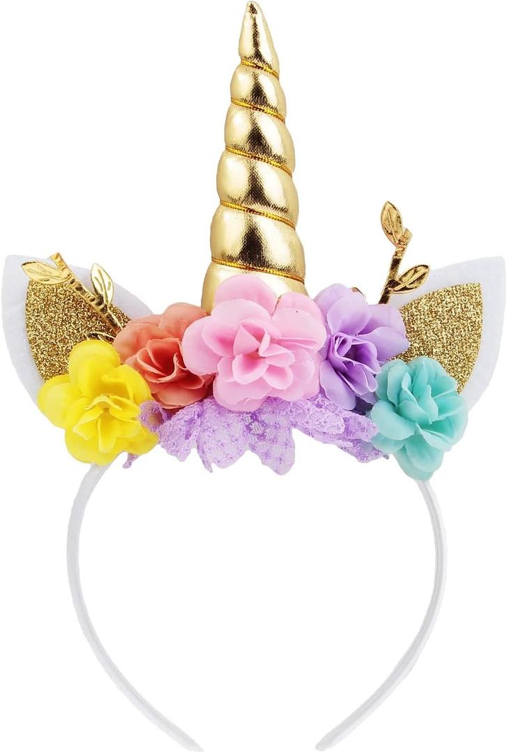Nishine Unicorn Horn Floral Headband Glitter Ears Pony Head Bands Tiara for Girls Party Birthday Cosplay (Gold&pink)