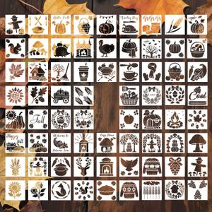 70pcs Fall Painting Stencils, 3x3in Thanksgiving Reusable Autumn Templates for DIY Crafts on Wood Canvas Fabric Wall Porch Home Decor