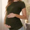 MIRAZEN 3 Pack Womens Maternity Shirts - Crew Neck Maternity Top Short Sleeve Pregnancy Tee Shirts, Black/Light Grey/Army Green, Small
