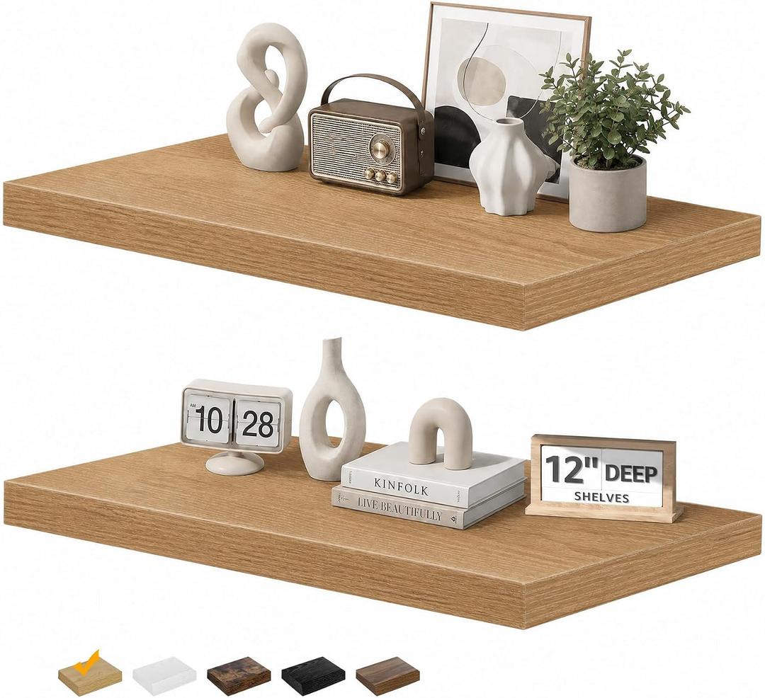 RICHER HOUSE 12" Deep Floating Shelves, 24 Inch Long Rustic Wood Wall Shelf