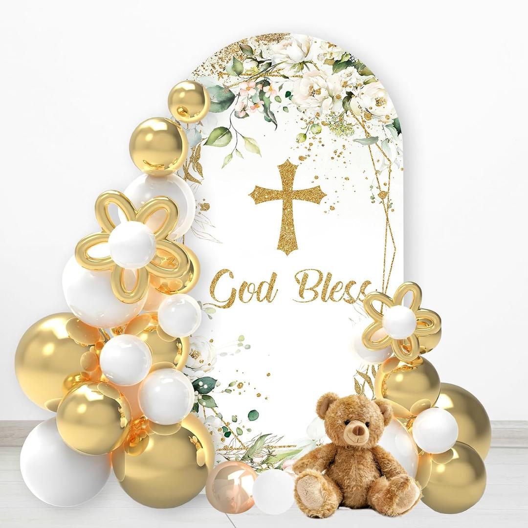 God Bless Arch Cover Backdrop First Holy Communion Christening Party Backdrop 6FT Double Printed Cover Yellow Garland Stretchy Back Cover Spandex Cover Photography Backdrop Photo Booth