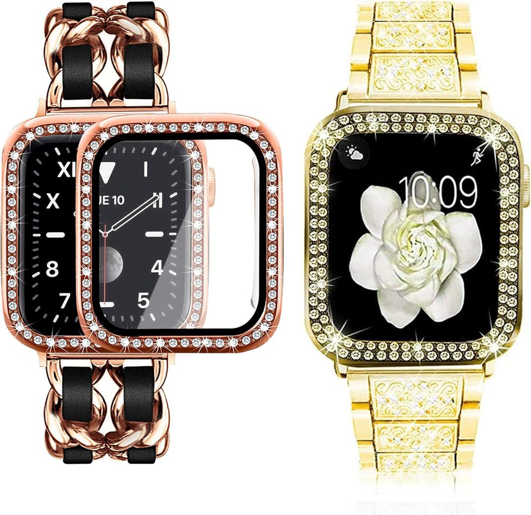 Mosonio Apple Watch Band Compatible with iWatch Series 3/2/1, iwatch Band with 2 Pack 38mm Bling Case for Women - Metal Chain with Leather Strap & Gold Bling Metal Wristband Strap (38mm)