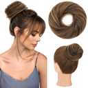 Hairro Messy Bun Hair Piece Real Remy Human Hair Straight Highlight Balayage Piano Color Ponytail Scrunchies Updo Elastic Wrap On Chignon 30g #2RP6R Dark Brown Mix Light Brown