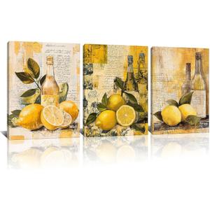 Kalormore 3 Pieces Vintage Kitchen Picture Wall Decor Lemon Fruit Art Print Lemon Botanical Canvas Wall Art Framed Ready to Hang