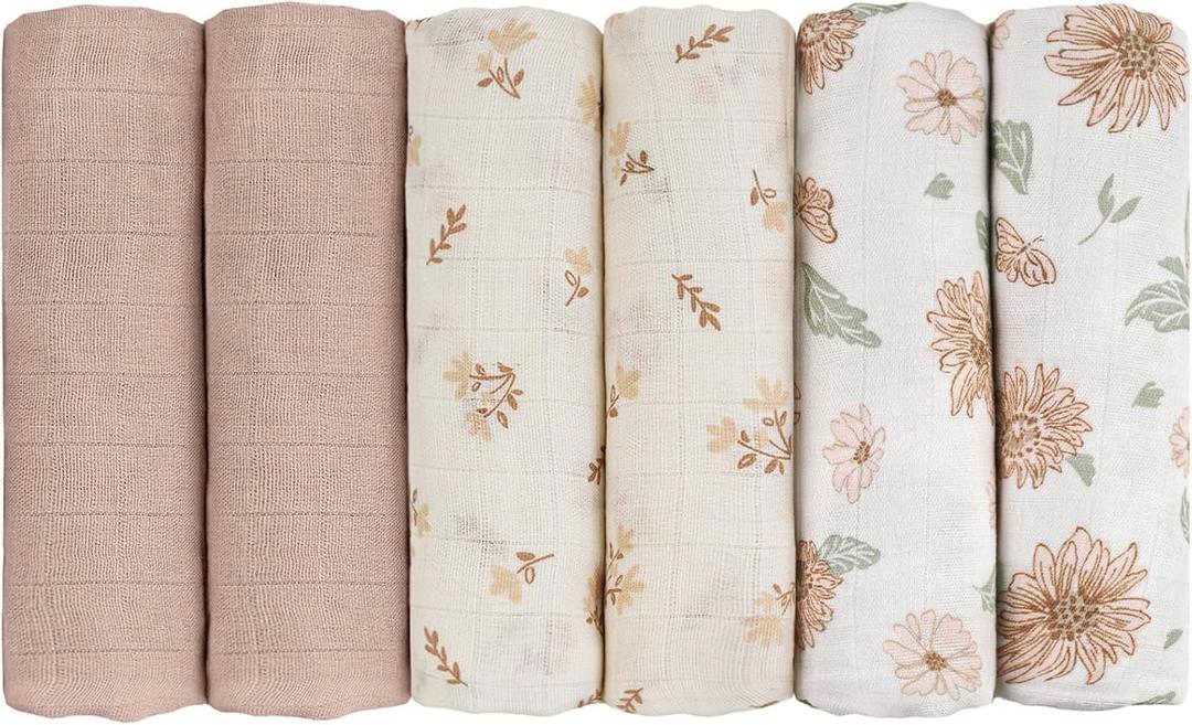 GLLQUEN BABY Receiving Blanket Boy Cotton Muslin Swaddle Blankets Girl Newborn Squares Breathable & Soft Thin Baby Blankets Cloths Double Absorbent Infant Swaddling Wrap - 6 Pack (Sunflower)