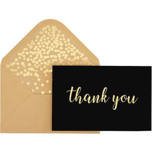 Thank You Cards - Blank 50 Pack Matte Finish Cards with Foiled "Thank You" Printed with 52 Confetti Design Kraft Envelopes 4" x 6" - for Bridal Shower Baby Shower Birthday Party (Black, Gold)