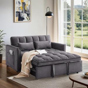 Convertible Sofa Bed, Pull Out Couch with Side Pockets, 3 in 1 Velvet Fabric Loveseat Sleeper Sofa Bed, Pull Out Couch with Adjustable Backrest for Living Room, Bedroom, Apartment, Dark Gray
