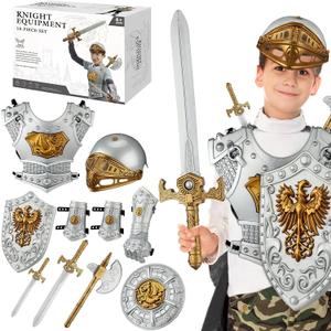 Eurzom 10 Pcs Knight Armor Set for Kids Medieval Costume with Helmet Sword Weapons Accessories for Cosplay Party Dress up