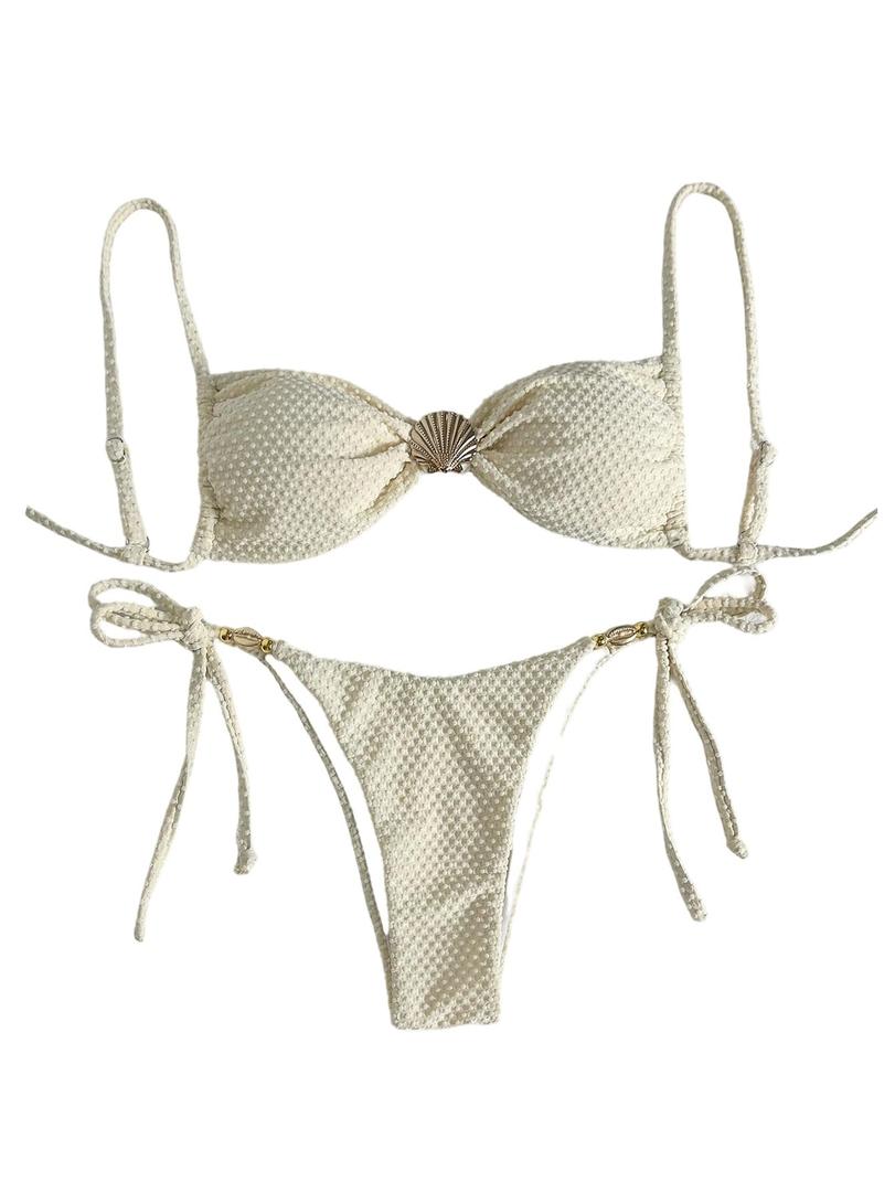 GORGLITTER Women's Thong Bikini Sets Metal Shell String Tie Swimsuit Brazilian Beach Bathing Suits Beige Large (L)