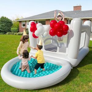 White Bounce House, Bounce House for Kids 3-6 with Ball Pit Pool, Toddler Mini Bounce House, Indoor Outdoor Inflatable Bounce House for Kids and Adults (Without Blower)
