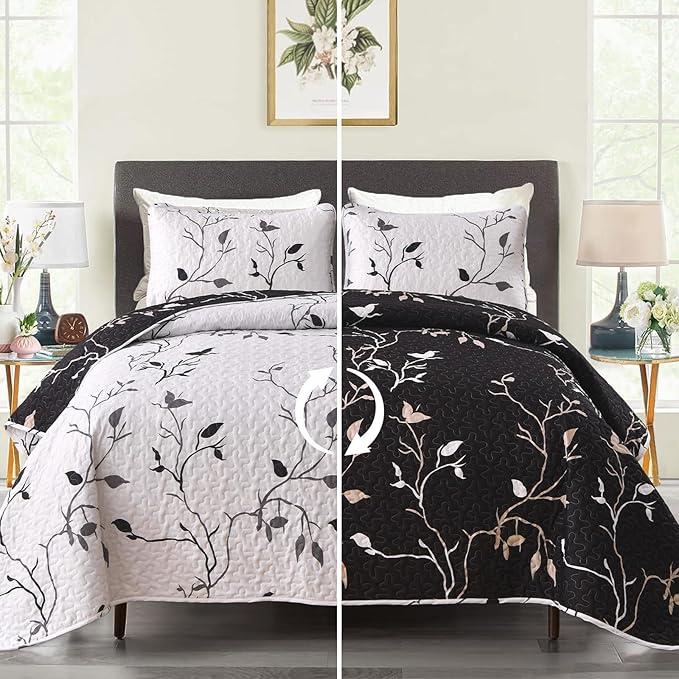 DJY Floral Quilt Set King Size 3 Piece Botanical Leaves White and Black Floral Bedding Set