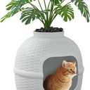 Hidden Box with Faux Plant, Large Cat Litter Box with Rattan Pattern, Heavy Duty PP Material Litter Box Enclosure Furniture for Home Decor, Light Grey