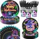 350 Pcs Halloween Party Decorations Supplies for 50 Guests, Halloween Birthday Party Decorations Including Plates, Dessert Plates, Paper Cups, Napkins, Knives, Forks and Spoons for Horror Party Decor