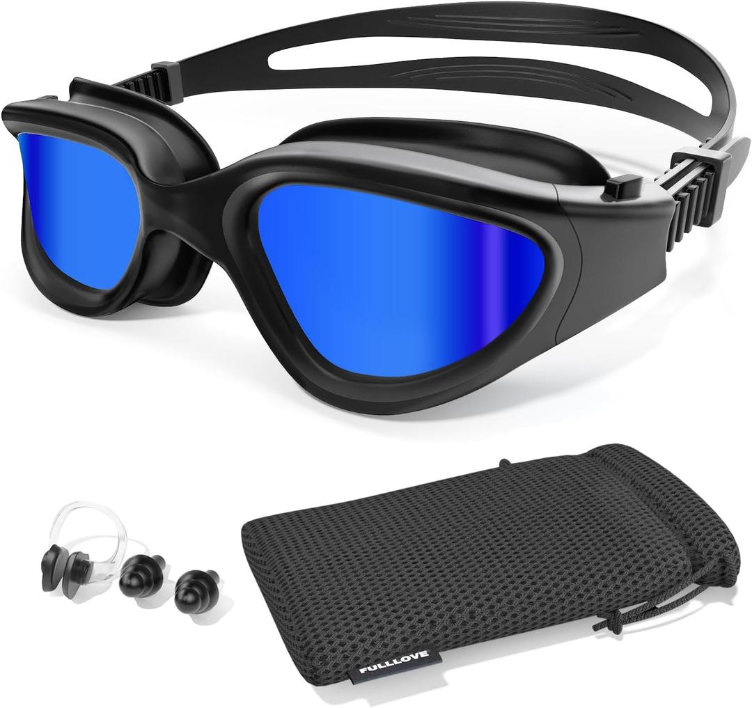 Swim Goggles, Tenfold Long-lasting Anti Fog Swimming Goggles for Adult Men Women, No Leakage with Nose Clip Earplugs (F/All Black/Blue Mirrored Lens)