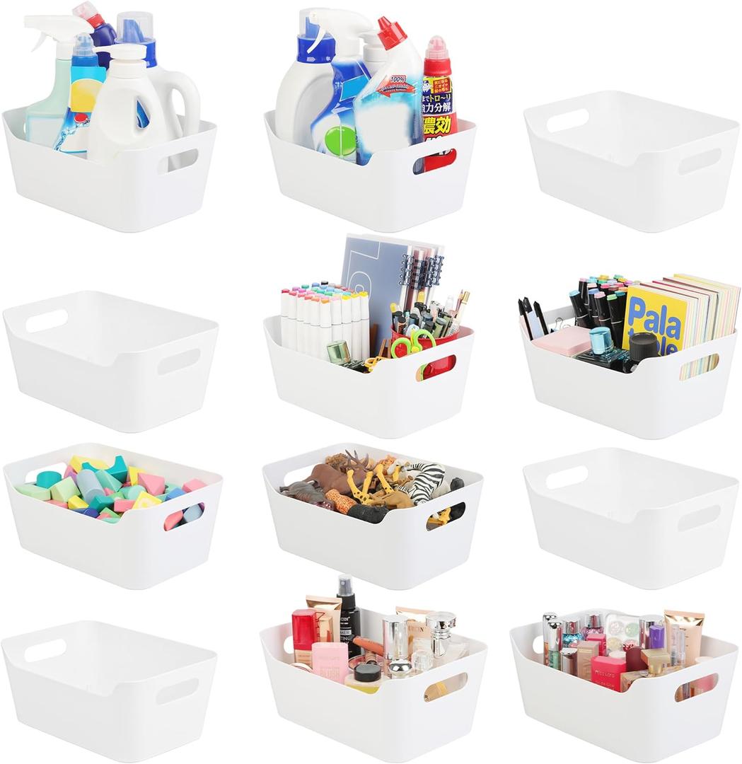 Tiawudi 12 Pack Storage Bins, Plastic Storage Containers, Multi-Use White Organizer Bins for Cabinet, Pantry, Drawer, Closet, Countertop or Shelves