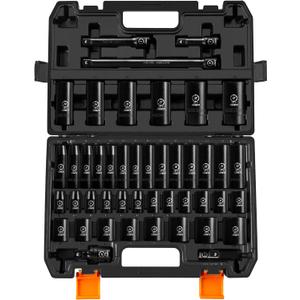 BOEN 1/2" Drive Impact Socket Set, 45 Piece Deep & Shallow Metric Socket Set 9mm to 32mm, Includes 3" 5"10" Extension Bars, Universal Joint, Adapter, 6 Point Design, Cr-V Steel, Meets ANSI Standards (45pcs Metric Deep + Shallow)