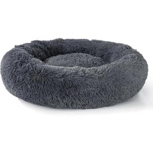 Dog Calming Beds for Medium Large Dogs - Round Donut Washable Puppy Dog Bed, Anti-Slip Faux Fur Fluffy Donut Cuddle Anxiety Cat Pet Bed(36" Dark Grey)