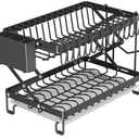 2-Tier Dish Drying Rack, Multifunctional Dish Rack, Height Adjustable, Rustproof Kitchen Dish Drying Rack with Drainboard, Utensil Holder & Cup Holder for Kitchen Counter Black