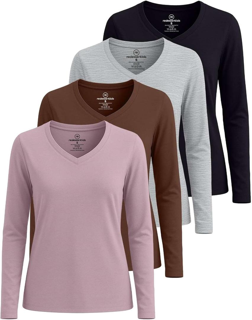 Real Essentials 4 Pack: Womens Cotton Long Sleeve V-Neck T-Shirts Soft Casual Lounge Tee Tops (M)