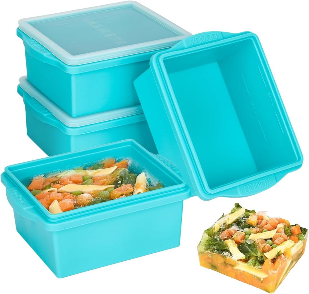 Xomoo 2 Cup Silicone Freezer Trays with Lids, Silicone Soup Freezer Molds - Leakproof, BPA-Free, Stackable, Microwave & Dishwasher Safe, Perfect for Soups, Sauces, Meal Prep, and Baked Goods - 4 Pack (Blue)