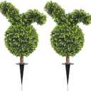 28inch Bunny Shaped Topiary Trees with Ground Spike, Artificial Boxwood Rabbit Topiary for Indoor Outdoor Home Decor (Set of 2)
