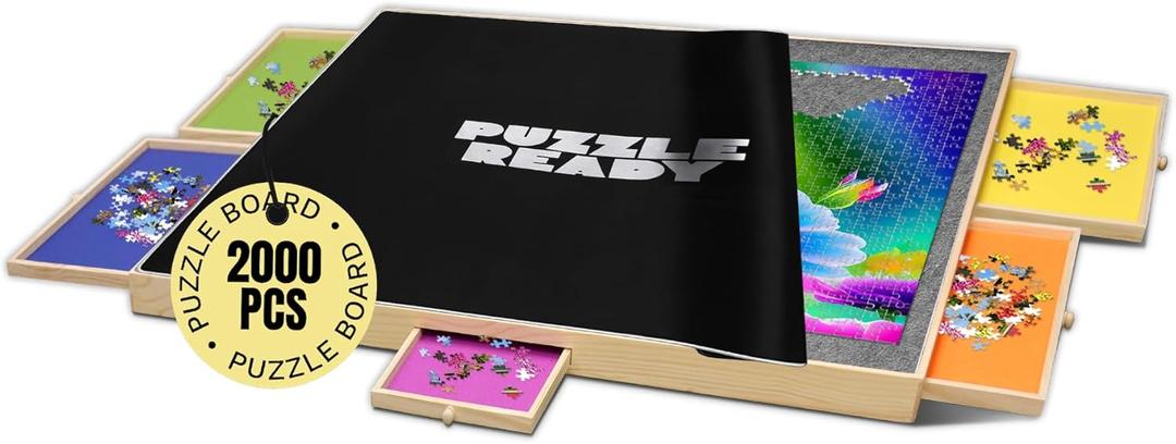 Puzzle Ready Large 2000-Piece Puzzle Board - 41" x 32" Puzzle Table with 5 Colorful Drawers, Cover Mat, Felt Workspace & Carrying Handle  Ideal Game Table for Adults & Children (2000+ Pieces (with 5 Drawers))