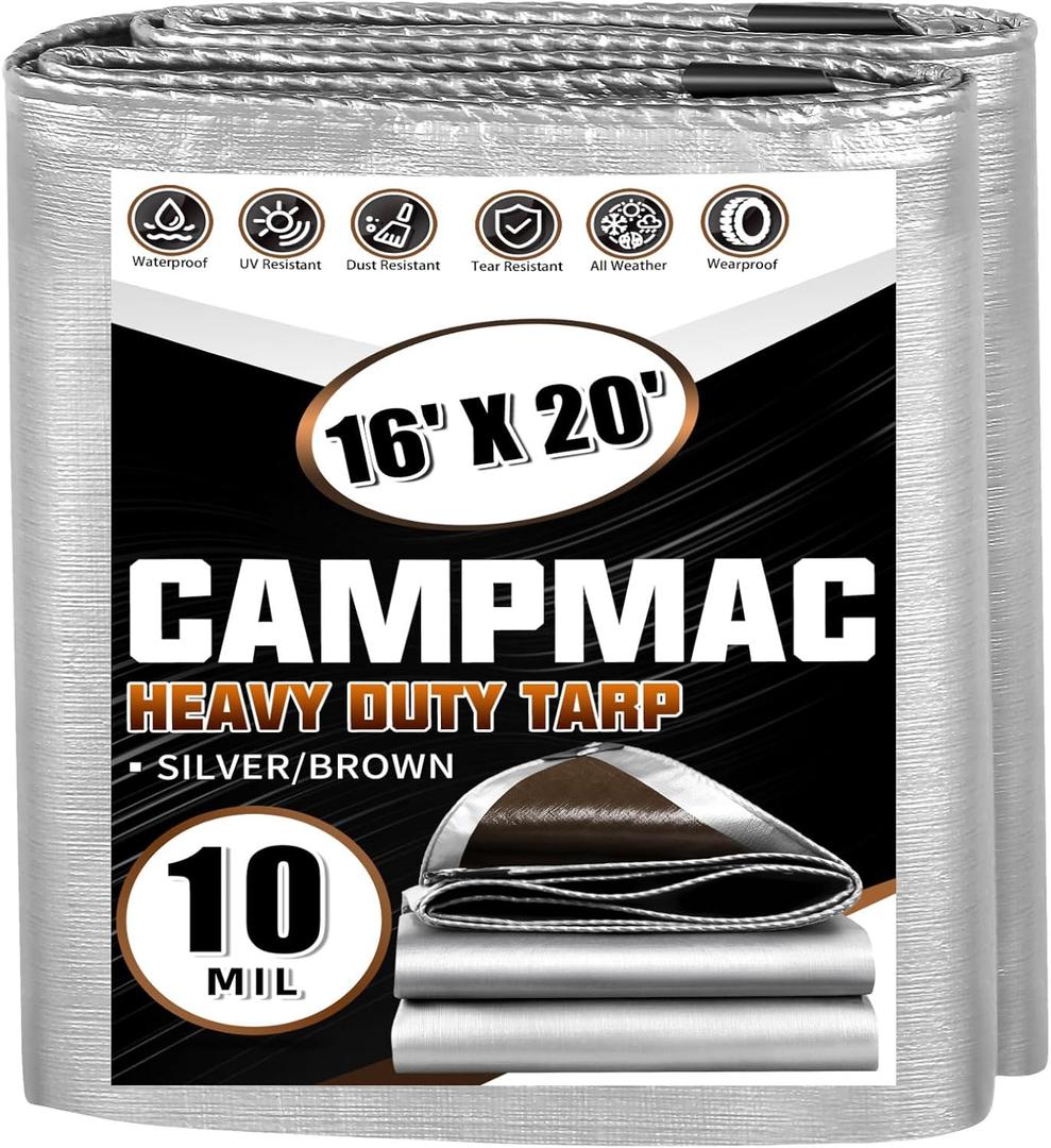Tarps Heavy Duty Waterproof 16x20 Ft, 10 Mil Thick, High Durability, Rip, UV Resistant and Tear Resistant with Metal Gromets Every 20 Inches (Silver/Brown - Reversible)