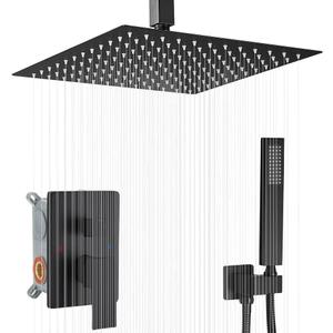 12 Inch Ceiling Mount Matte Black Shower System Bathroom Luxury Rain Mixer Shower Combo Set Ceiling Rainfall Shower Head System (Contain Shower Faucet Rough-in Valve Body and Trim Kit)