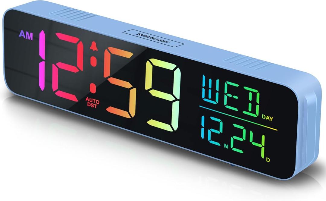 Peakeep Loud Digital Alarm Clock Large Display for Bedrooms with Date, Day of Week, Auto DST, Desk Clock Electric Plug in for Living Room, Battery Backup, USB Port, 5 Dimmers (Blue Rgb)