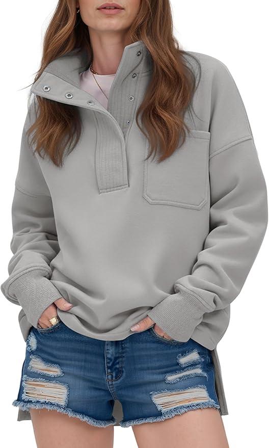 RICHSTORY Oversized Sweatshirt for Women Loose Fit Button V Neck Fleece Hoodie Sweatshirts Casual Long Sleeve Fall Tops for Women 2025 Grey XXL