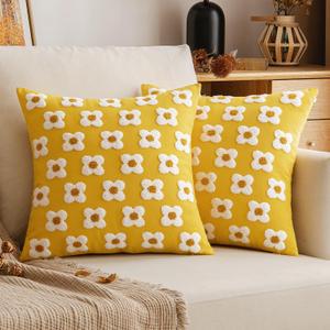 EMEMA Fall Yellow Decorative Throw Pillow Covers 16x16 Inch Set of 2 Sun Flower Jacquard Daisy Cute Pillowcase Cushion Case Square for Couch Sofa Bed Living Room Bedroom (16" x 16" (Pack of 2), A-yellow)