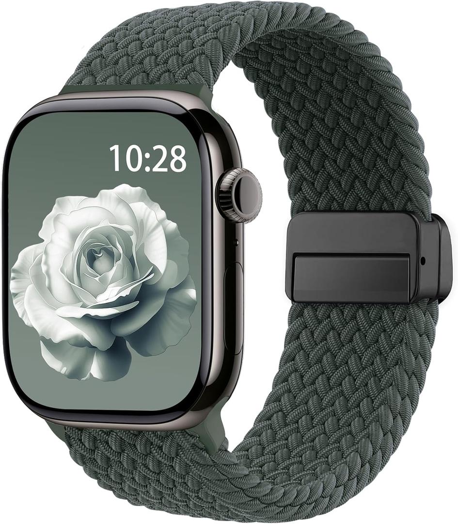 Braided Stretchy Band Compatible with Apple Watch Bands 38mm 40mm 41mm 42mm 44mm 45mm 46mm 49mm Women Men, Soft Nylon Solo Loop Magnetic Sport Strap for iWatch Series 11 10 9 8 7 6 5 4 3 2 1 SE Ultra, Dark Olive
