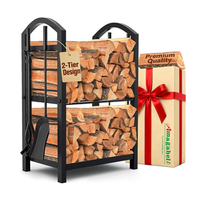 AMAGABELI GARDEN & HOME Firewood Rack Indoor with Tools 5Piece Fireplace Tools Set Wood Holder Outdoor Wrought Iron Log Holder Firewood Storage Rack for Fireplace,Fire Pit,Wood Stove Black