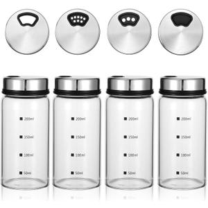 4Pcs Salt Pepper Shakers with Adjustable Outlet Holes, 7 oz Clear Glass Shaker Bottles, Salt Shakers for Kitchen, Spice Seasoning Cans for Kitchen Decor Home Restaurant BBQ Camping (200ML)
