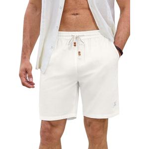 JMIERR Mens Shorts Linen Cotton 7" Casual Elastic Waist Drawstring Lightweight Summer Beach Shorts with Pockets (White, L)