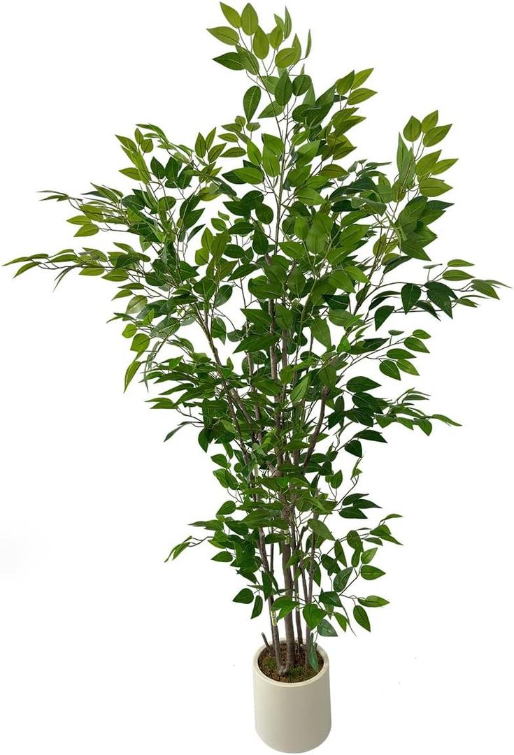 Artificial Ficus Tree with Green Leaves, 6ft Tall, Indoor Plant with Decorative Beige Planter