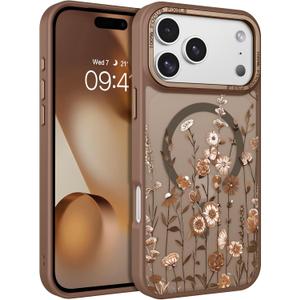 DOMAVER for iPhone 17 Pro Max Case, Magnetic Phone Case for iPhone 17 Pro Max [Compatible with MagSafe] Slim Fit Flowers Floral Design Shockproof Protective Bumper Women Men Girls Boys Cover- Brown