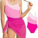 Girl's One Piece Swimsuits Color Block Cutout One Shoulder Bathing Suit with Mesh Cover Up 1 Piece Swimsuit Swimwear 9-10Y