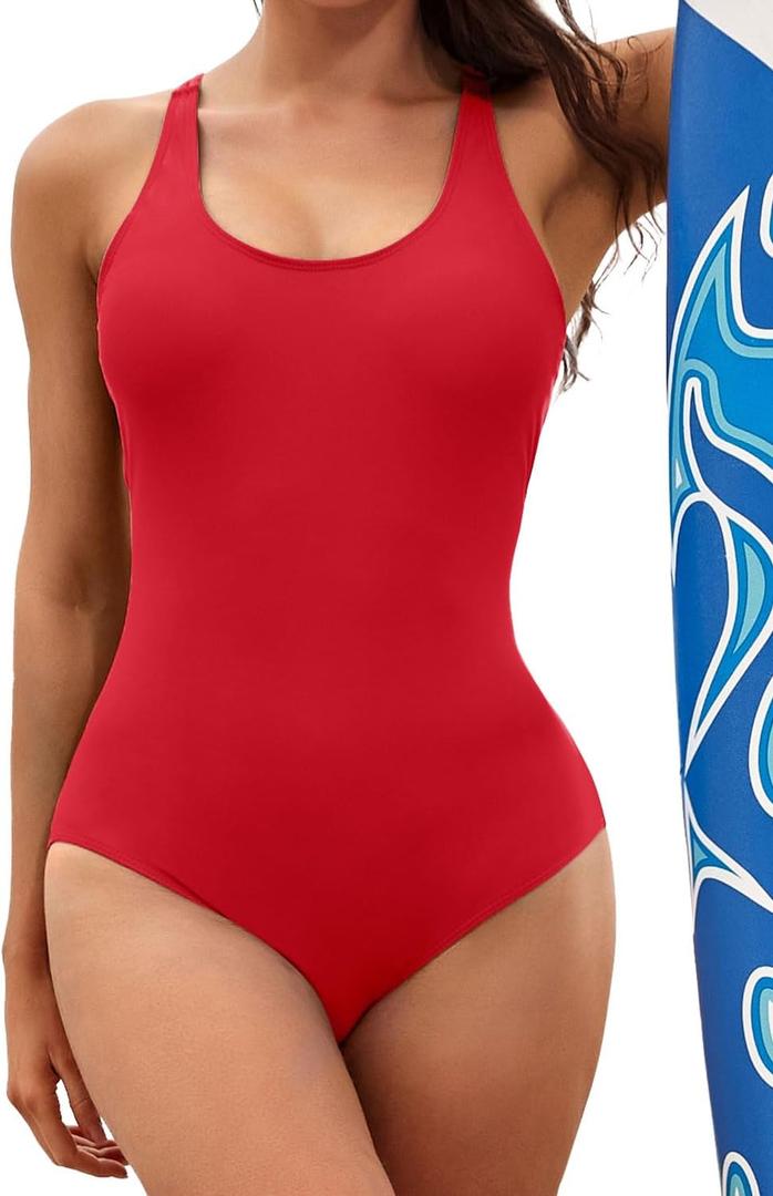 Century Star Womens One Piece Swimsuits 2025 Athletic Swimming Solid One Piece Competitive Bathing Suit for Teens Girls (Size X-Large, Red)