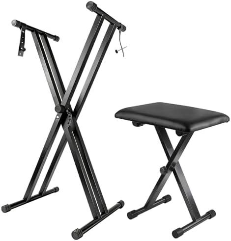 Keyboard Stand Piano Bench Set, 2026 Upgrade Heavy Duty Double X Keyboard Stand Piano Stand, Adjustable&Portable Digital Piano Stand with Locking Straps (Piano Keyboard Stand x 1, Piano Bench x 1), for 54-88 key Electric Pianos